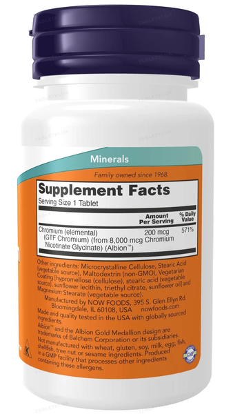 Хром NOW FOODS GTF CHROMIUM 200mcg 100 табл 12429236 фото