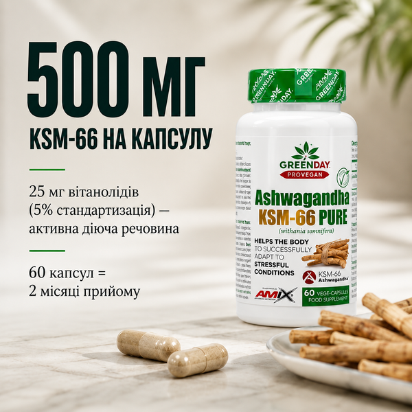 Ашваганда Amix GreenDay ProVegan Ashwagandha KSM-66, 60 веган. капс. 124250 фото