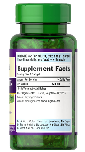 Лецитин Puritan`s Pride Soy Lecithin 520 mg, 100 софтгель. 121656 фото