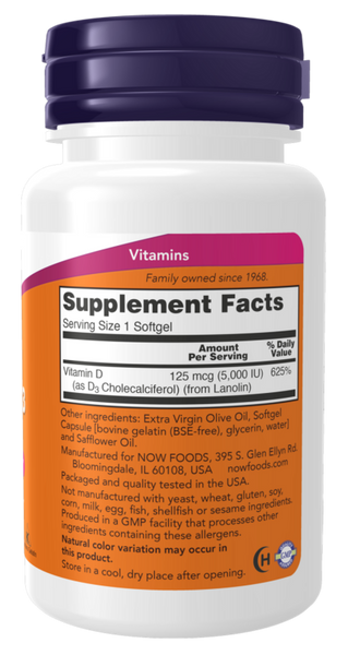 Витамин Д NOW Vitamin D3 5000 UI, 30 софтгель 12429430 фото