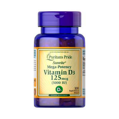 Вітамін Д Puritan's Pride Vitamin D3 5000 IU Sunvite Mega Potency, 100 табл. 124576 фото