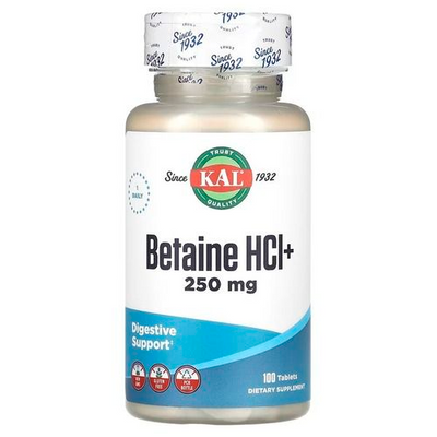 Бетаин KAL Betaine HCl Plus 250 mg, 100 табл. 124336 фото