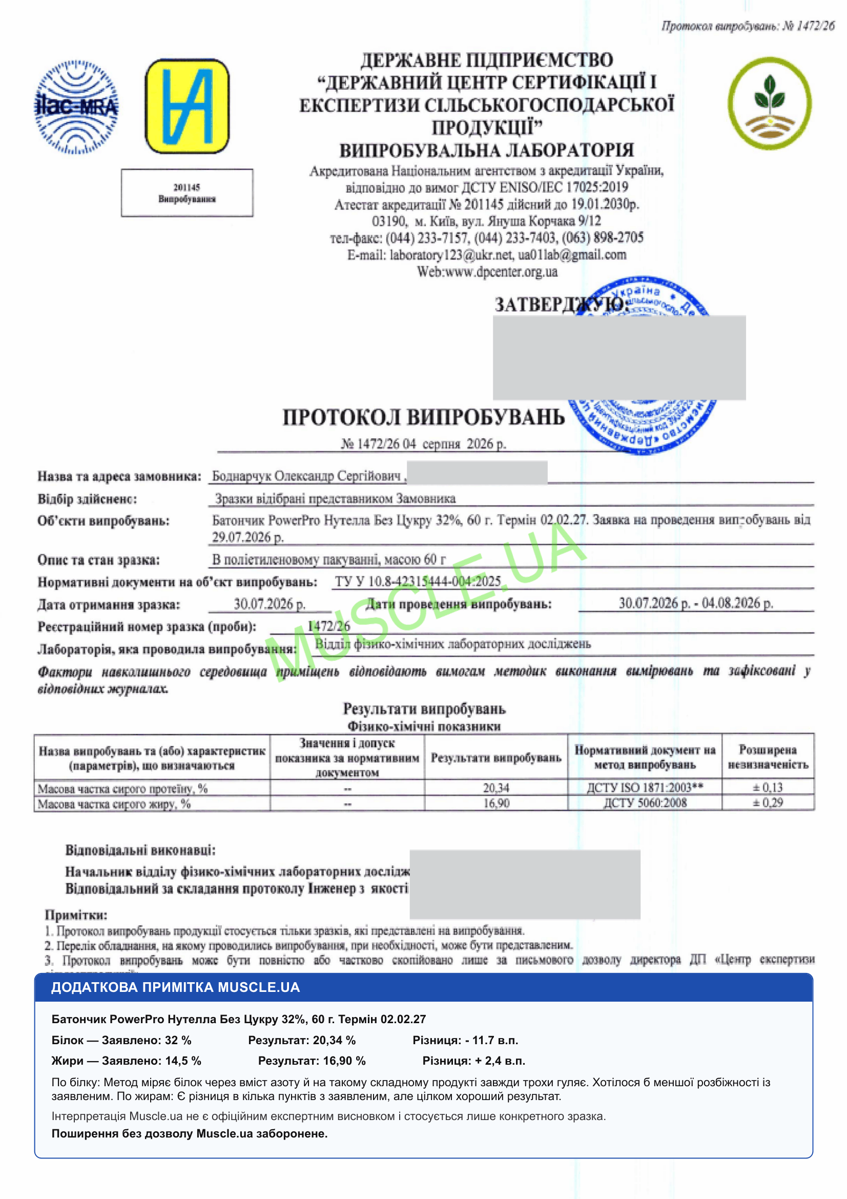 Протокол випробувань державної лабораторії, PowerPro Нутелла без цукру